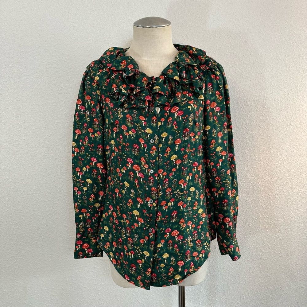 J. Crew Collection silk-twill ruffle-collar top in mushroom floral 406